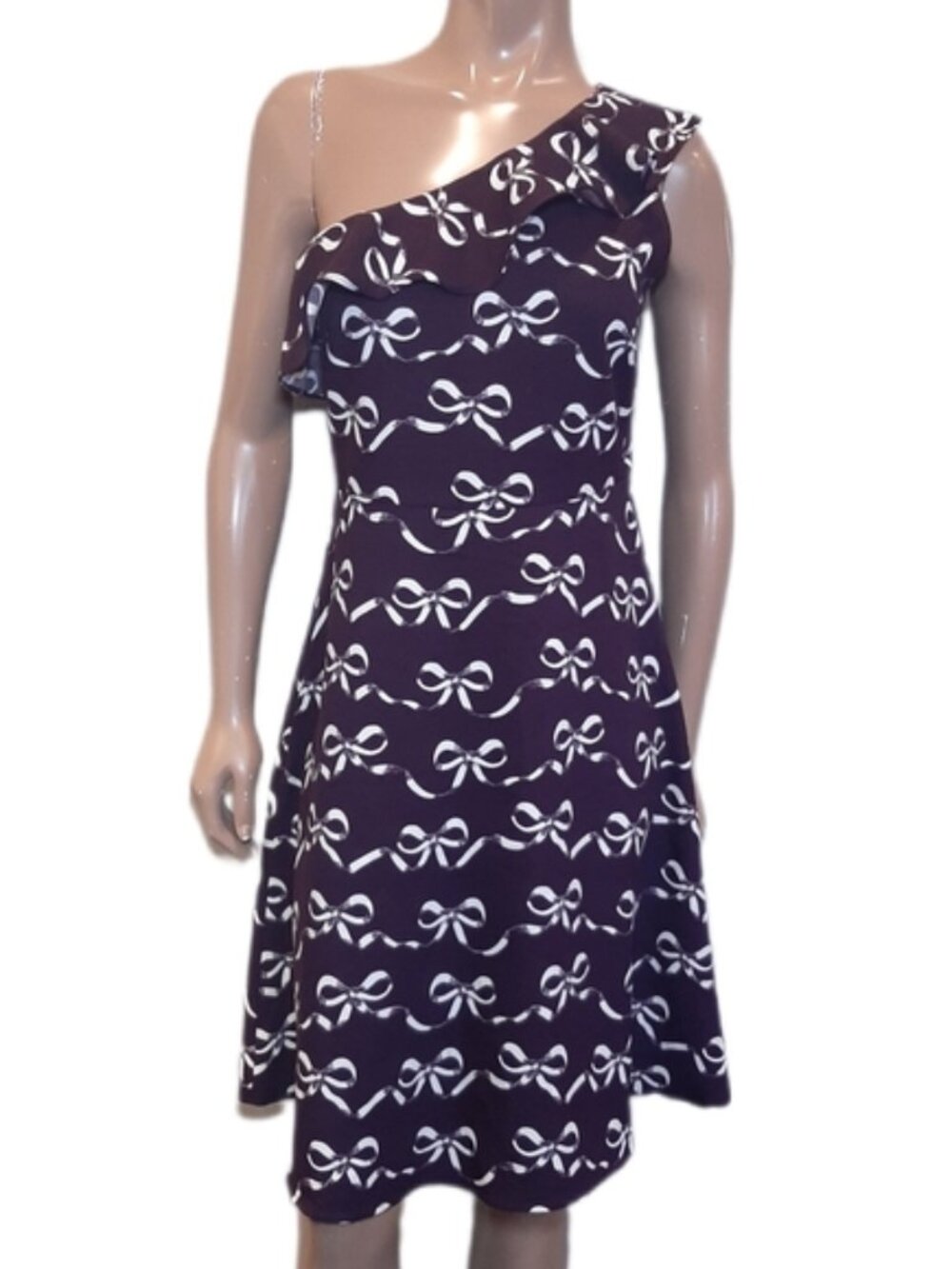 Banana Republic One Shoulder Dress Bow Print Ruffled Flounce Royal Purple A-Line
